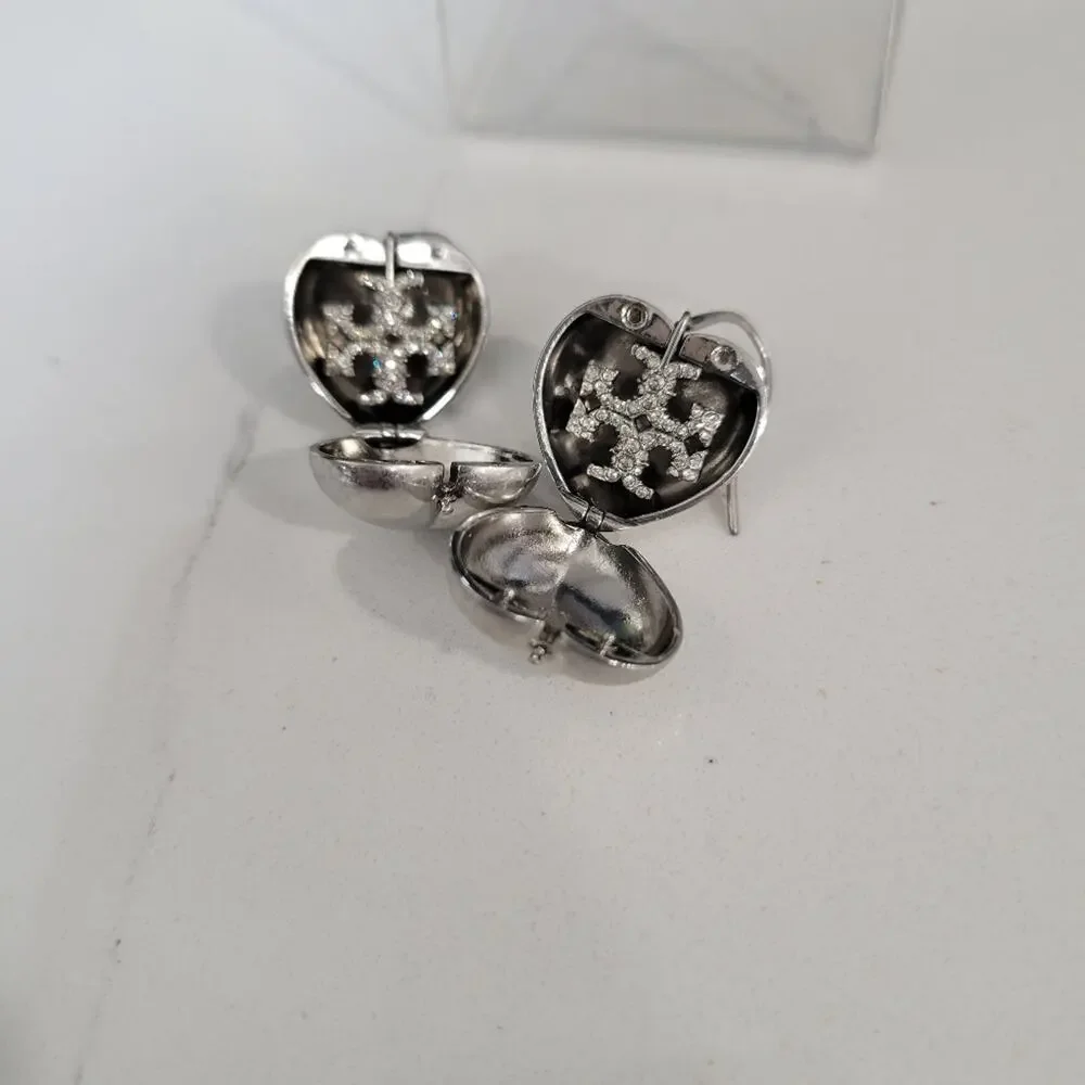 Tory Burch Heart Locket Earrings In Antique Pewter
